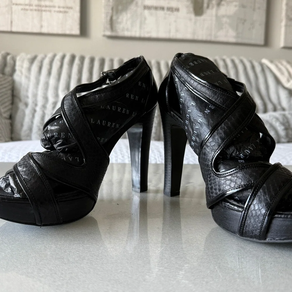 Lauren Ralph Lauren Womens Black Patent Snake Print Platform Sandals Heels 9.5B